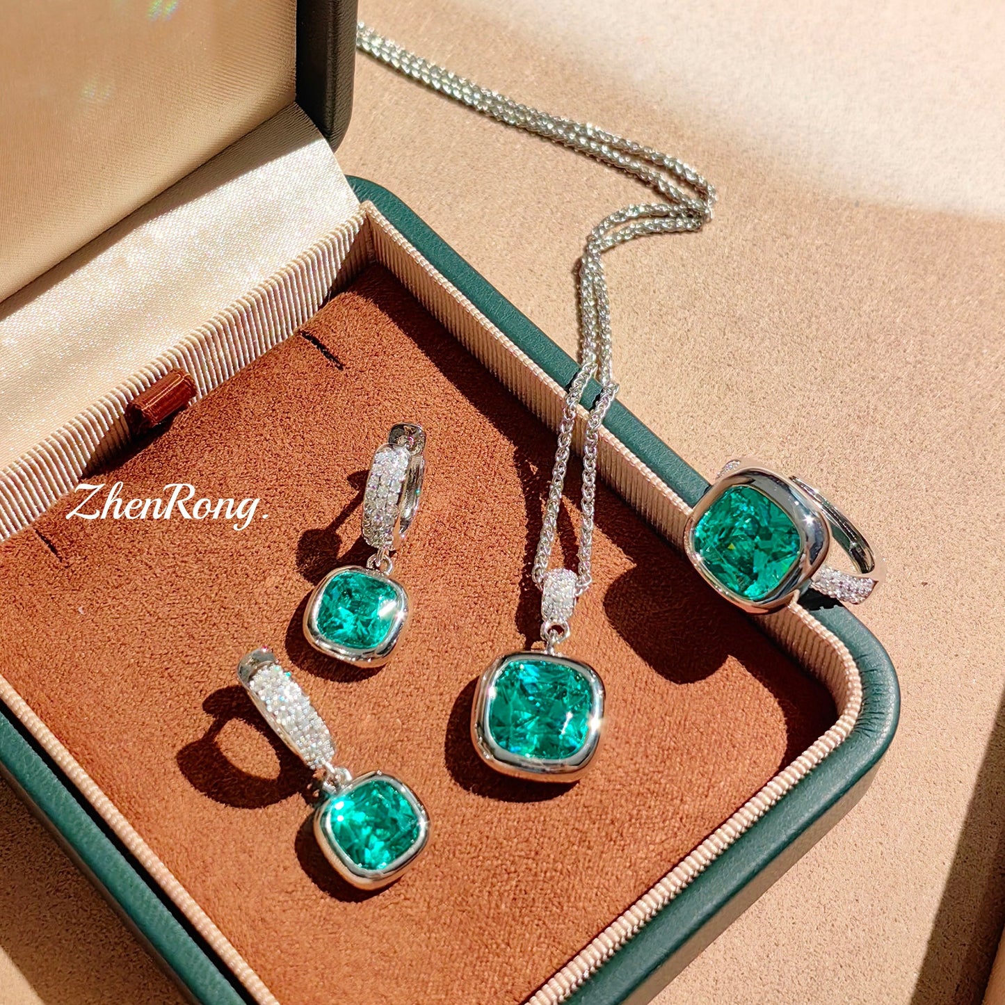 Women's Luxury French Small Square Sugar Cube Ear Aquamarine Plump Rose-red Jewelry Set