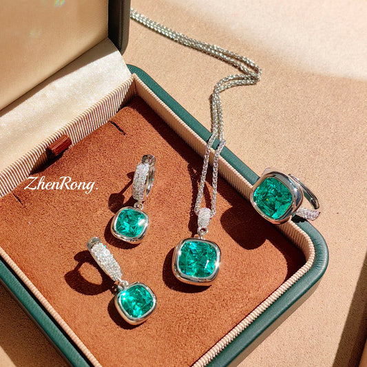Women's Luxury French Small Square Sugar Cube Ear Aquamarine Plump Rose-red Jewelry Set
