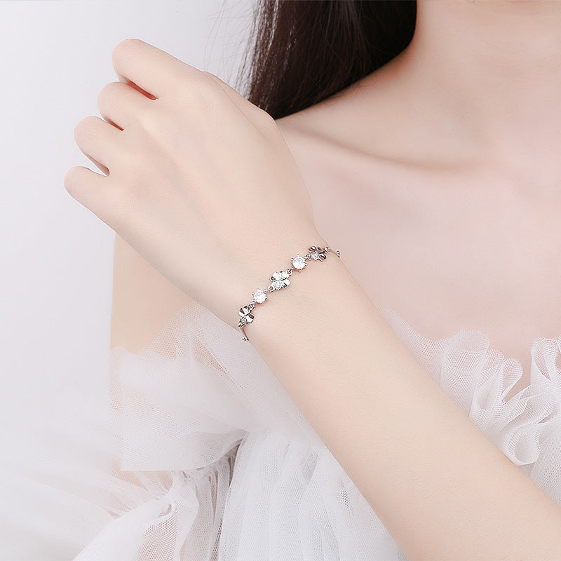 Damen-Armbänder aus Sterlingsilber mit Blättern und Kleeblatt, schlicht und elegant