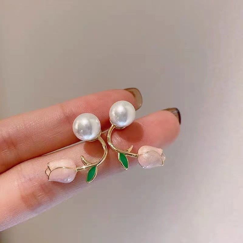 Pink Tulip High Sense Design Temperament Imitation Pearl Earrings