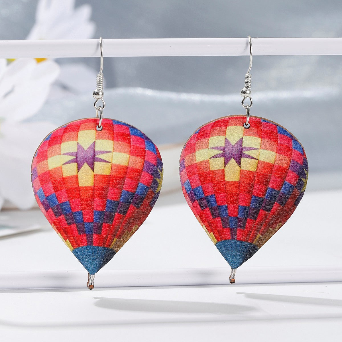 Colorful Hot Air Balloon Wooden Exaggerating Earrings