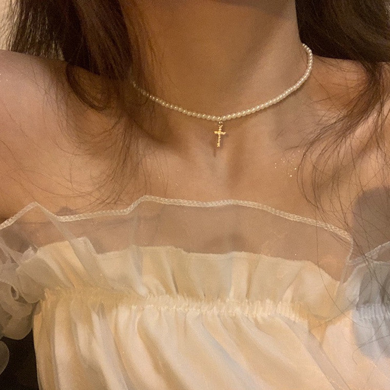 Women's Twin Double Layer Imitation Pearl Retro Clavicle Chain Creative Minimalist Necklace