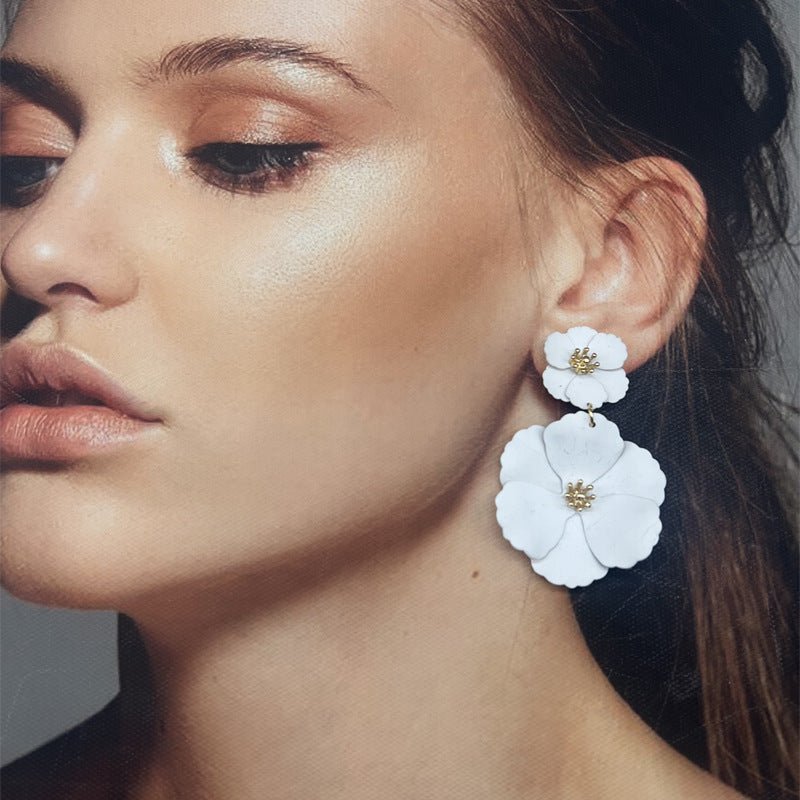 Women's Sky Color Painted Flowers Detachable Eardrops Stud Earrings