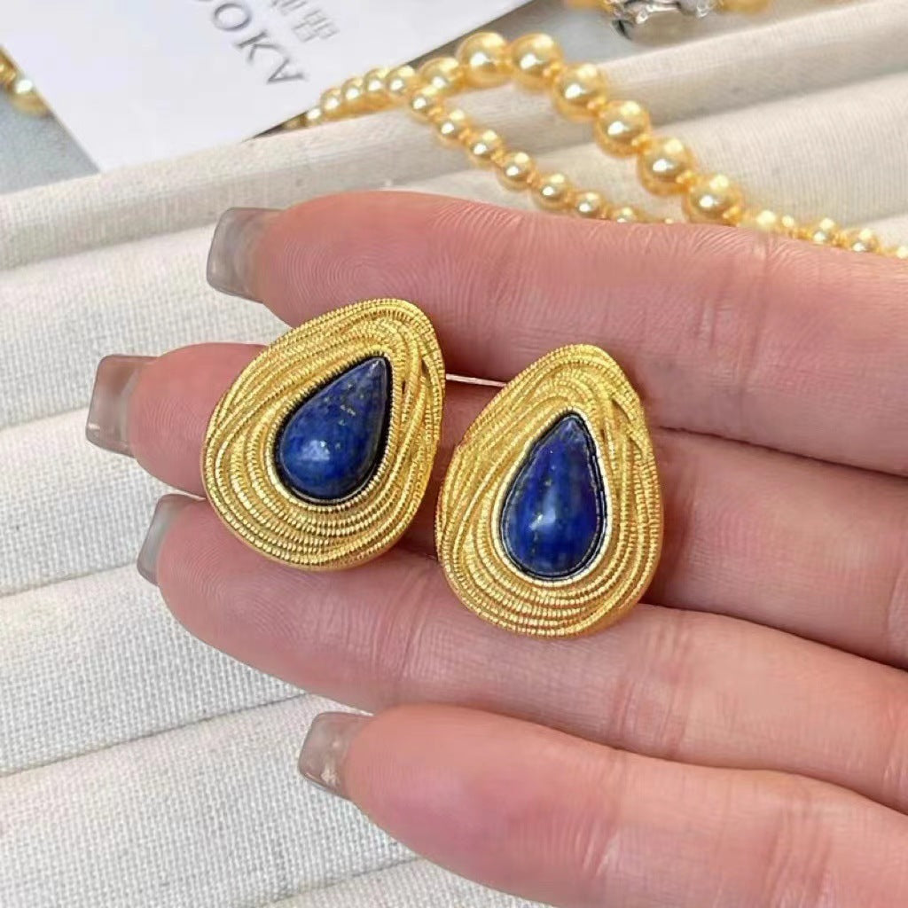 Women's Metal Woven Lapis Water Drop Ear Needle Light Earrings