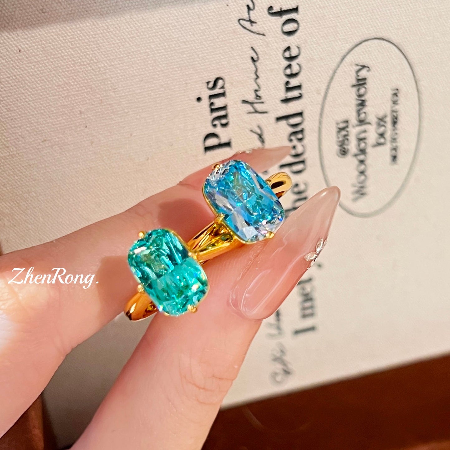 Women's Exquisite Style Pillow Square Rhinestone Diamond Design Aquamarine Ring