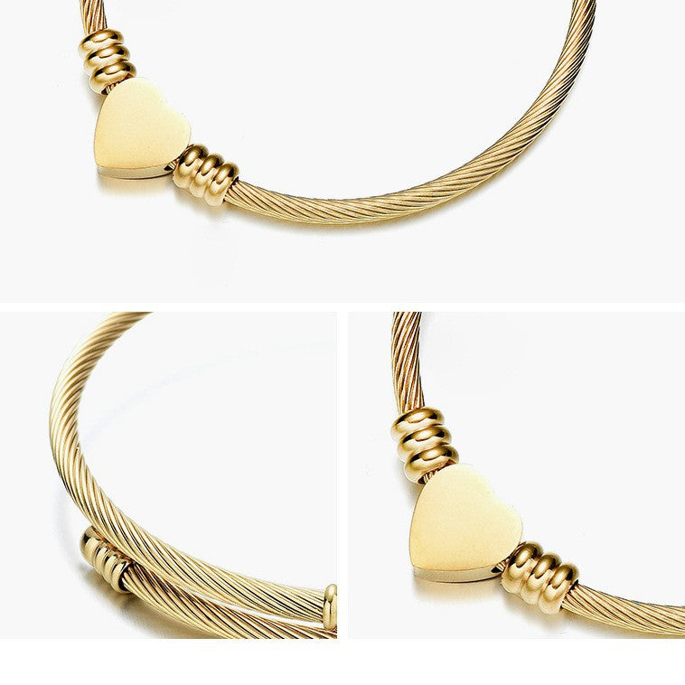 Stainless Steel Cable Wire Titanium Peach Heart Love Lettering Bracelet