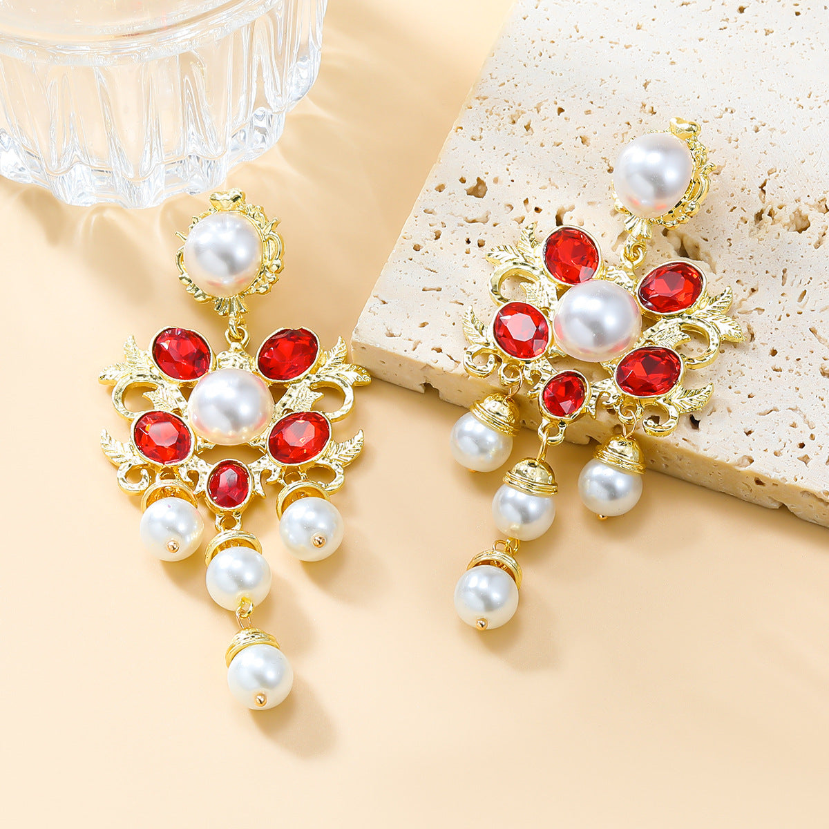 Women's Flower Exaggerated Alloy Diamond Inlaid Pearl Earrings