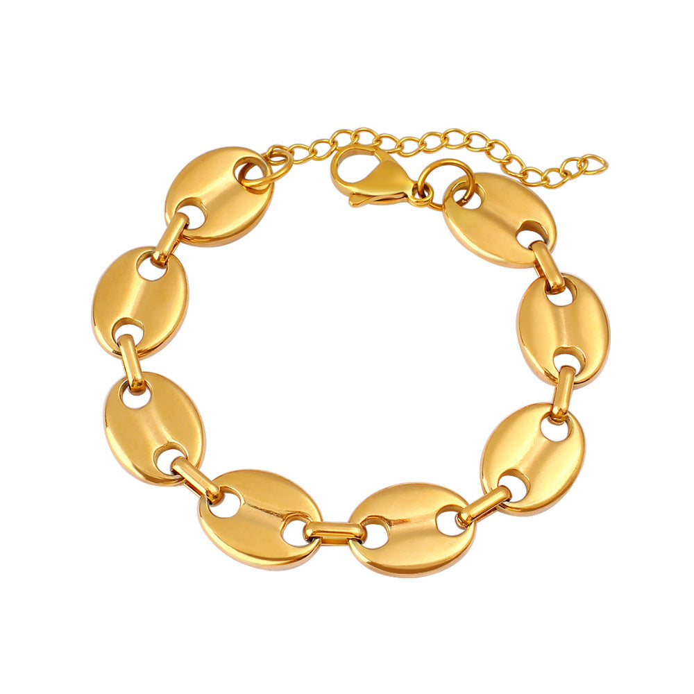 Women's & Men's Hip Hop Coffee Beans Gold Titanium Steel Pig Jewelry Set