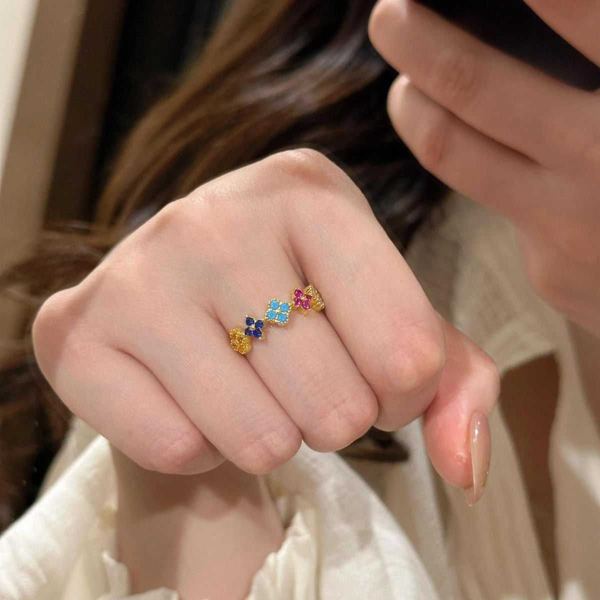 Dopamine Color Four-leaf Clover Female Exquisite Versatile Unique Design Ring