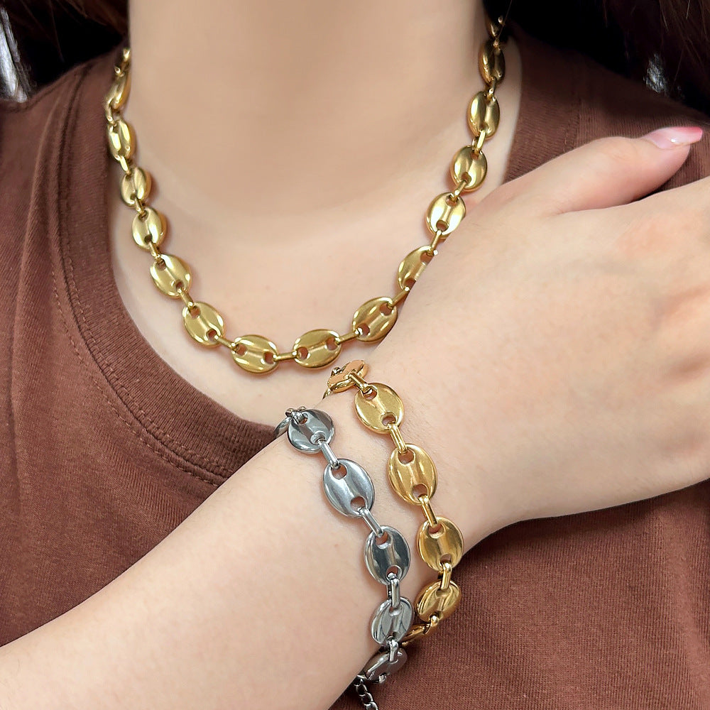 Women's & Men's Hip Hop Coffee Beans Gold Titanium Steel Pig Jewelry Set
