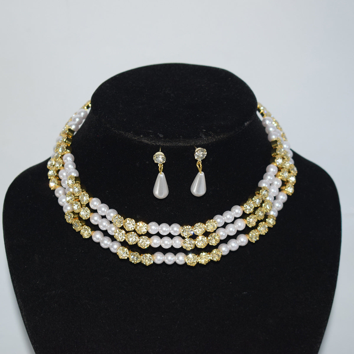 Pearl Diamond Collar Bridal Rhinestone Three-piece Jewelry Set
