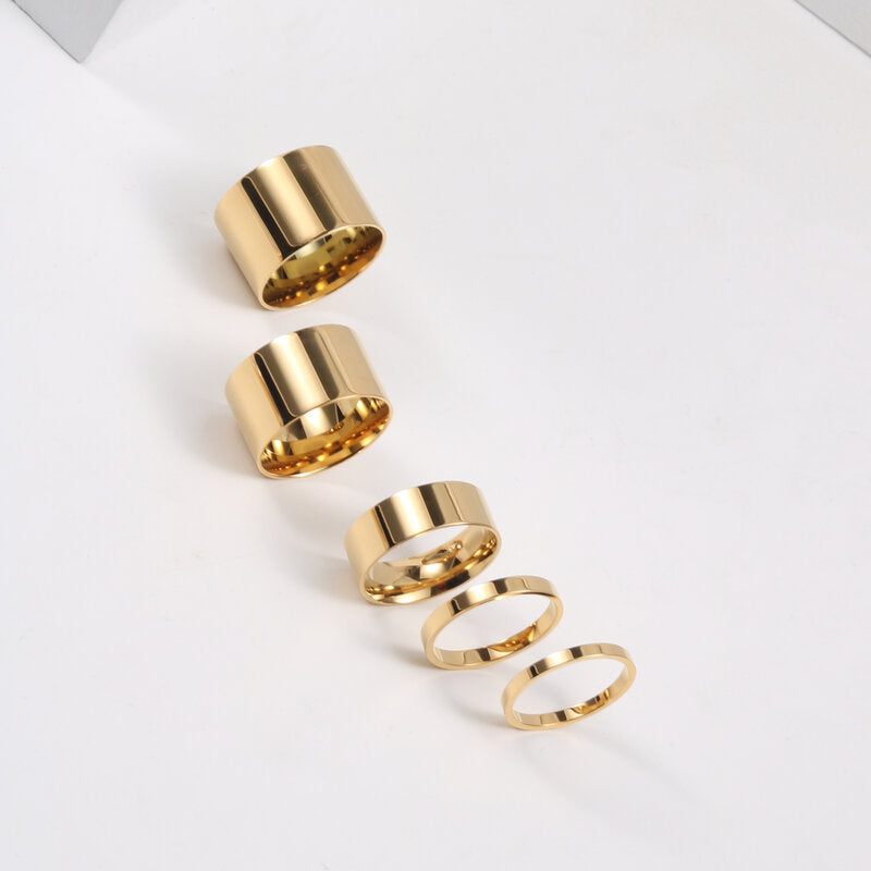 Glossy Flat Wide Titanium Steel Gold Rings