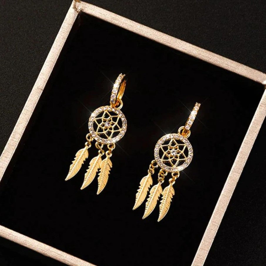 Sier Feather Copper Six-pointed Star Tassel Earrings