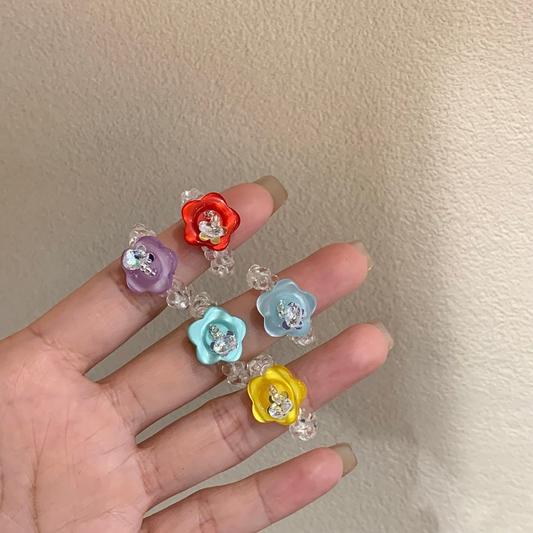 Handmade Flower Button Fun Imported Elastic String Dopamine Color Ring