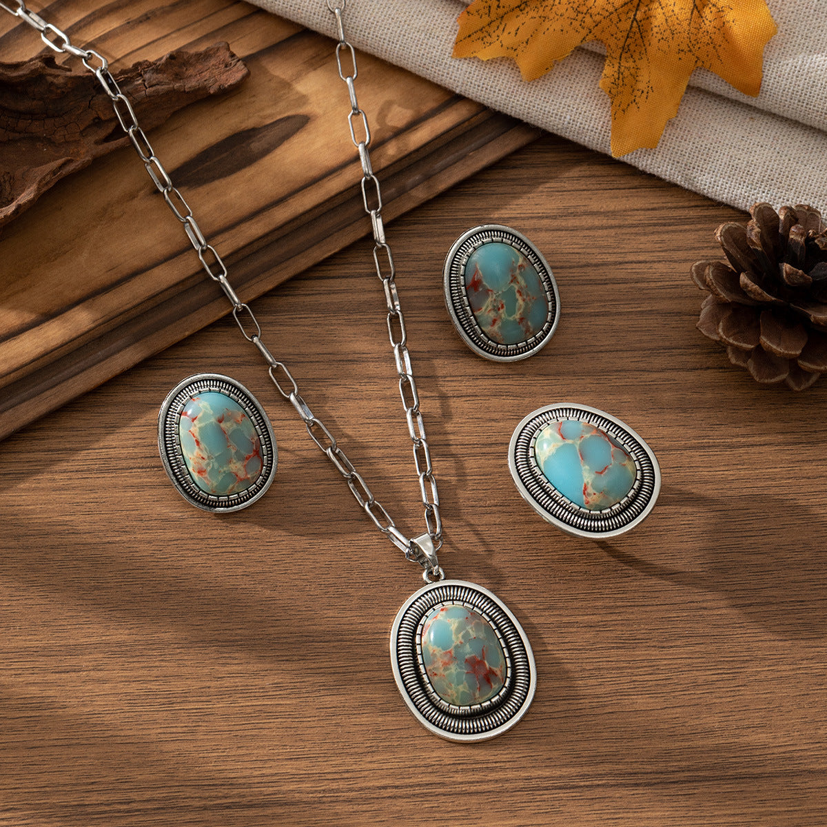 Women's Oval Turquoise Retro Fashion Minimalism Leather Asian Jewelry Set