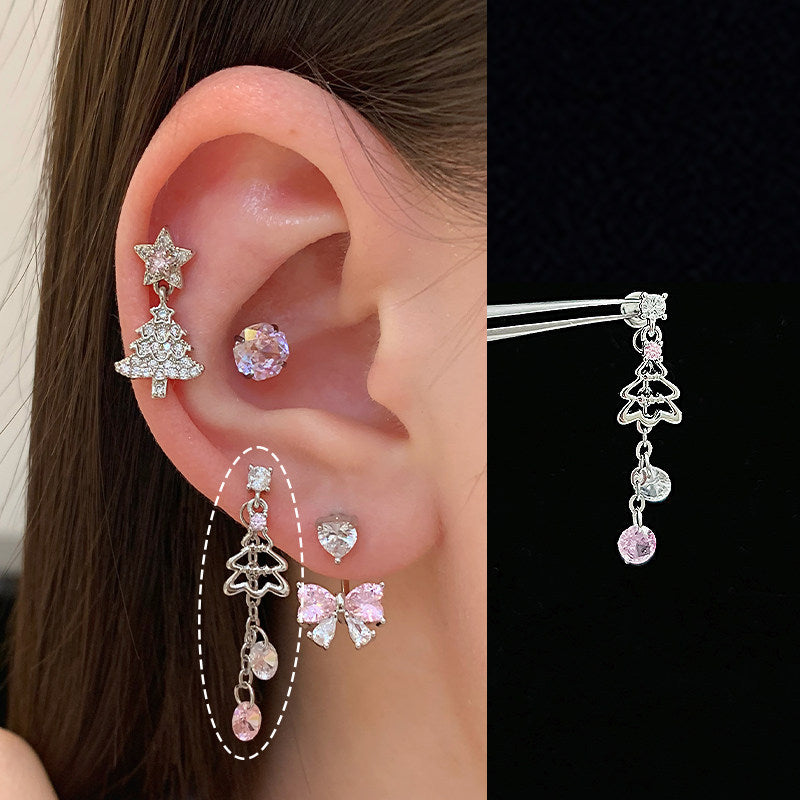 Pink Christmas Devil Ear Bone Snowflake Titanium Stud Earrings