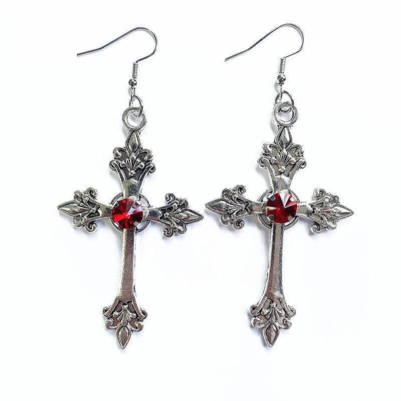 Boucles d'oreilles pendantes en strass avec croix imprimée de fleurs créatives