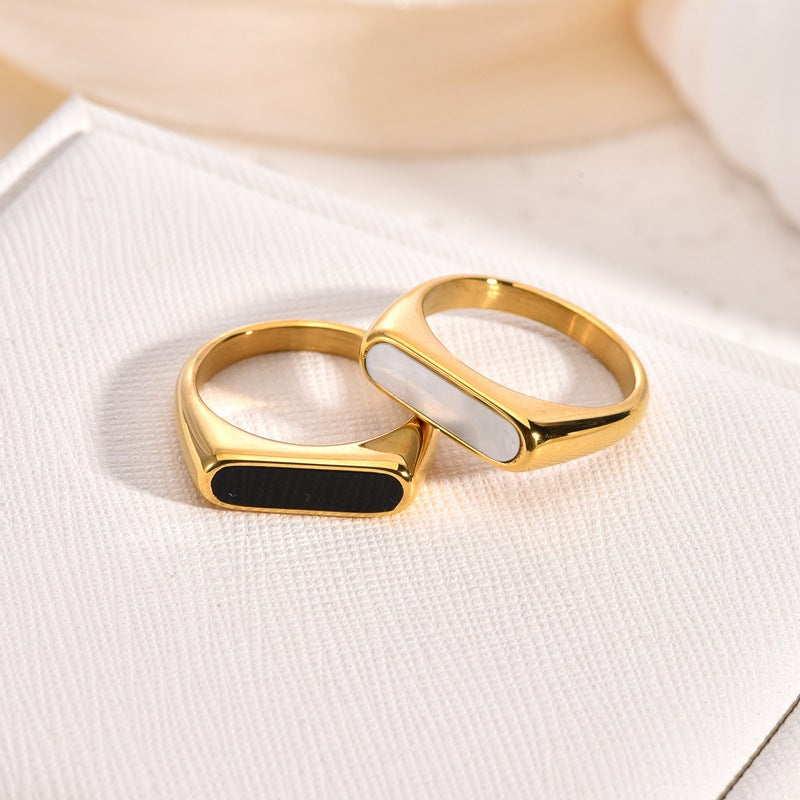 Women's Titanium Steel Trendy Stainless Gold-plated Temperamental Minority White Black Shell Ring