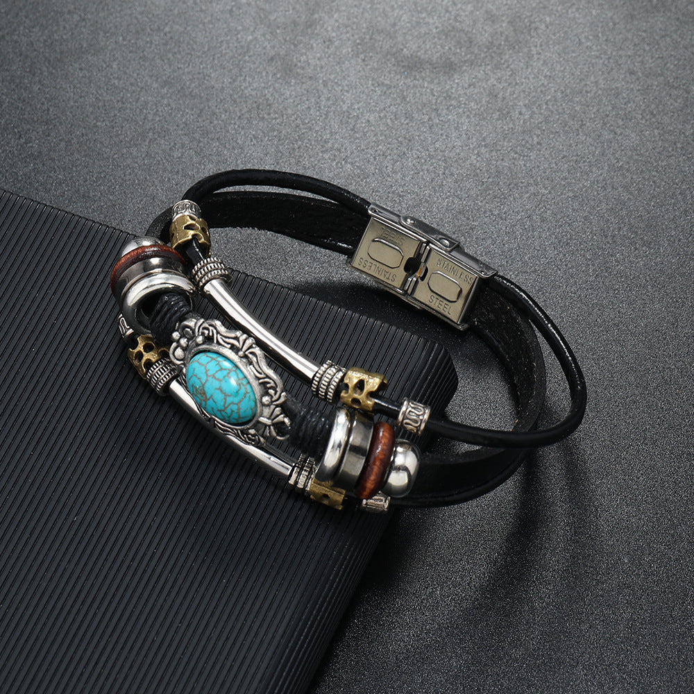 Bracelets en acier inoxydable turquoise de style bohème en cuir perlé pour hommes