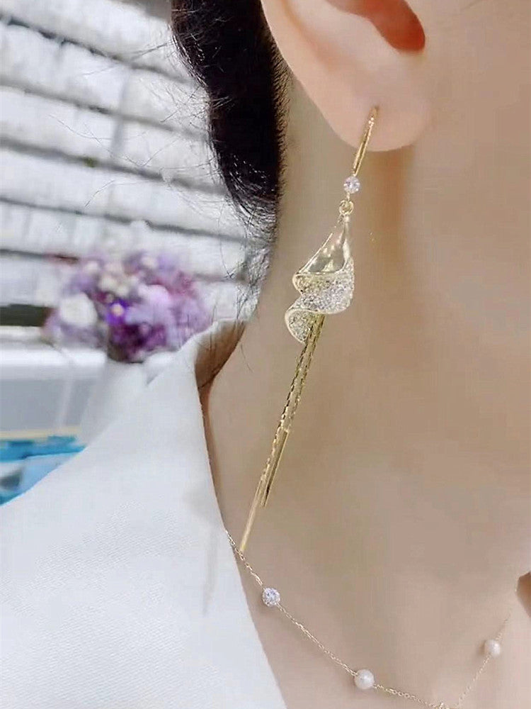 Women's Unique Design High-grade Full Diamond Spiral Trendy Long Tassel Temperament Earrings