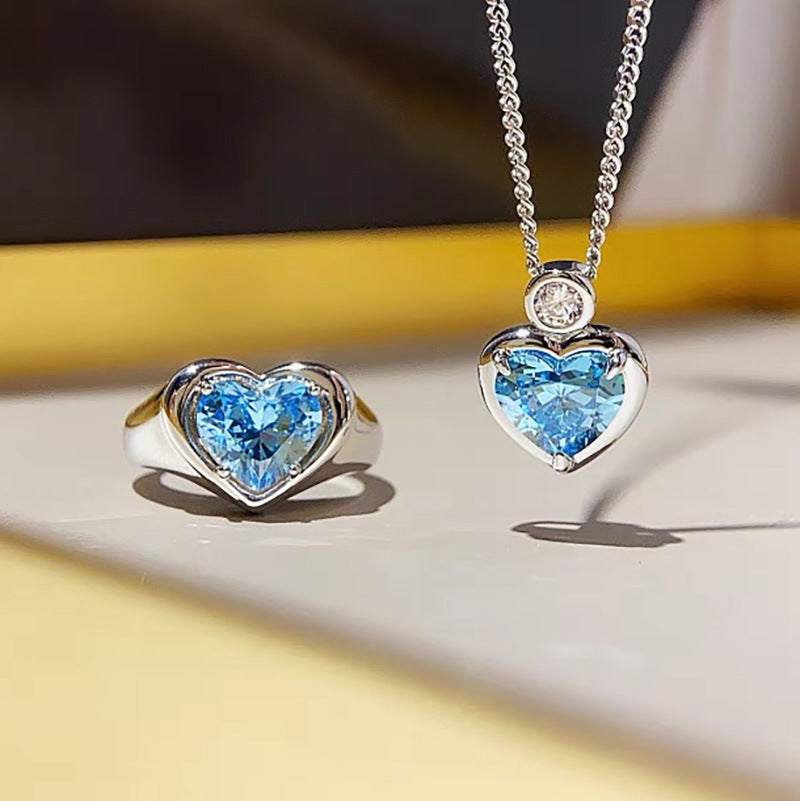 Women's Heart-shaped Colored Gems 2 Karat Blue Diamond Aquamarine Artificial Niche Jewelry Set