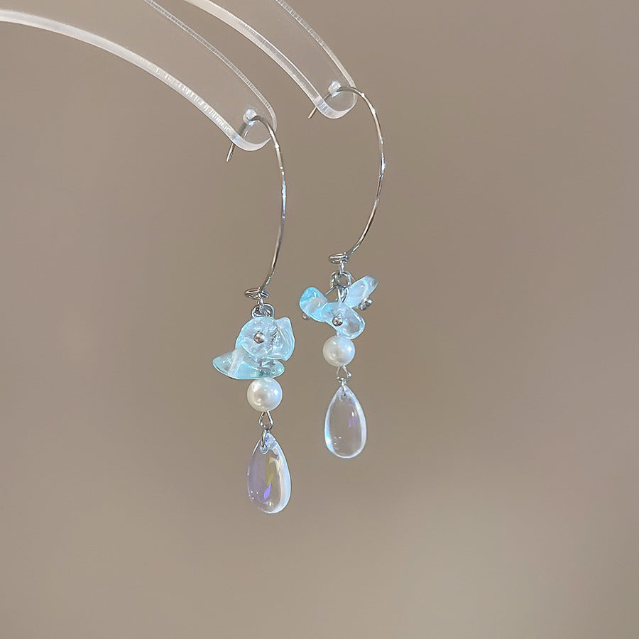 Sier Needle Water Drop Pearl Tassel Long Retro Rings