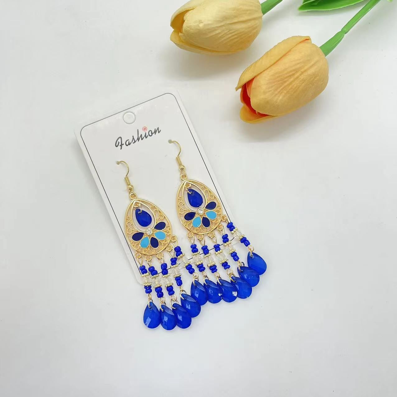 Ethnic Style Tassel Long Bohemian Crystal Yunnan Summer Earrings