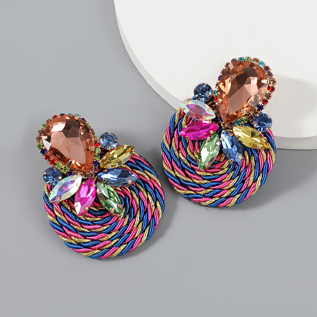 Geometric Glass Drill Polyester Filament Woven Earrings