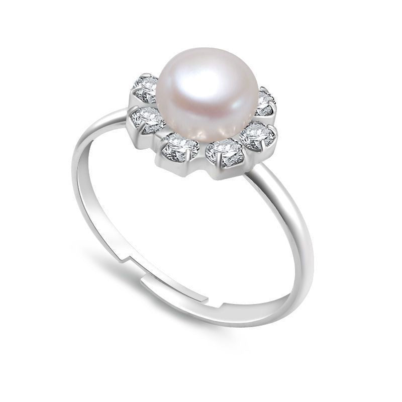 Open Pearl Fashion Sunflower Rhinestone Adjustable Versatile Ring
