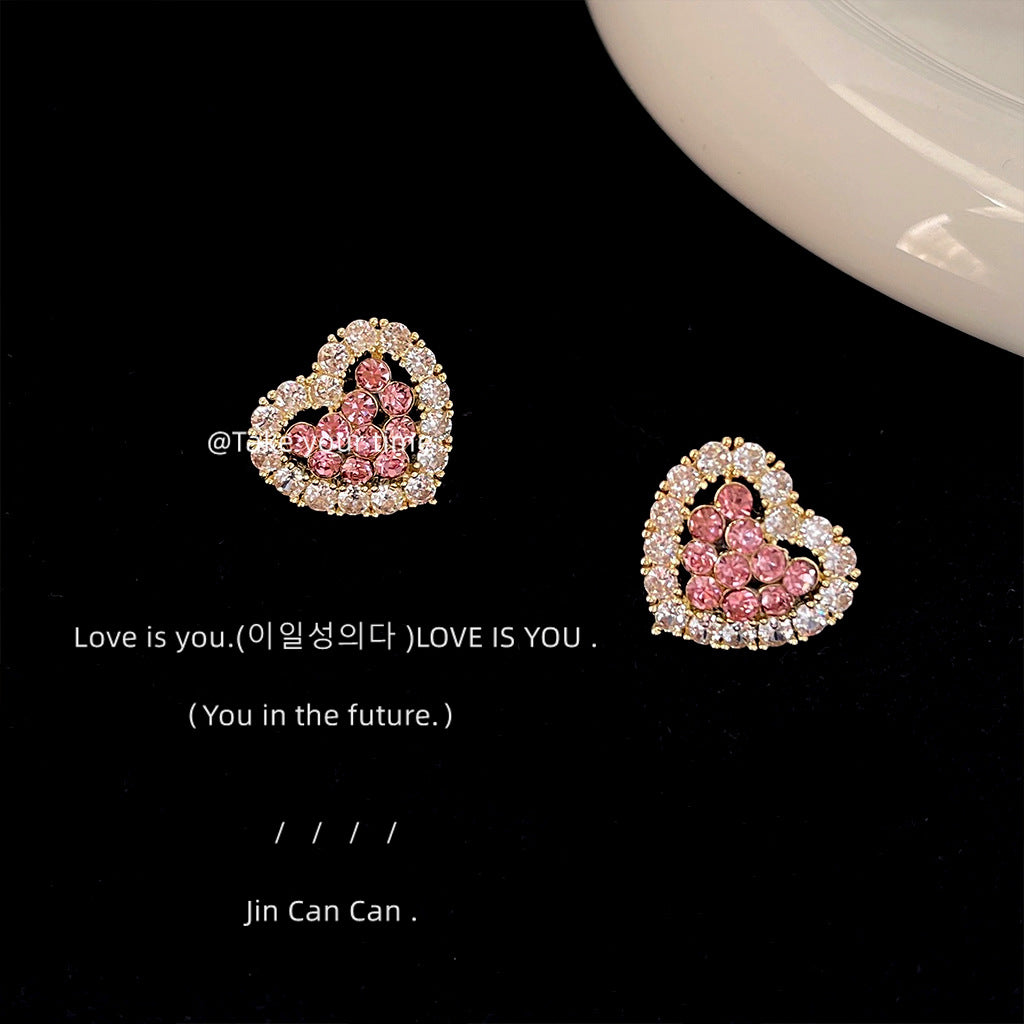 Micro Inlaid Zircon Pink Heart-shaped Sier Earrings