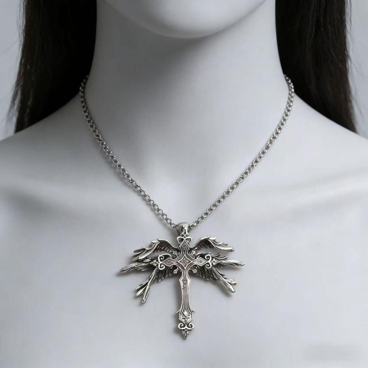 Women's & Men's Retro Dark Angel Wings Cross Trendy Personalized Sweater Necklaces