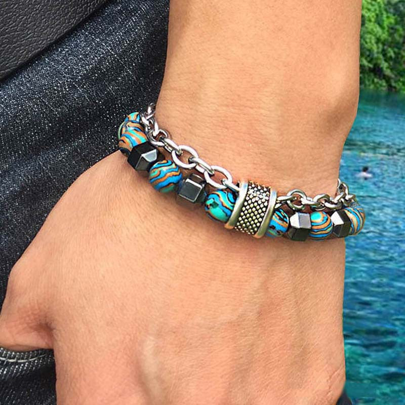 Men's Malachite Metal Beaded Hip Hop Fashion Bracelets