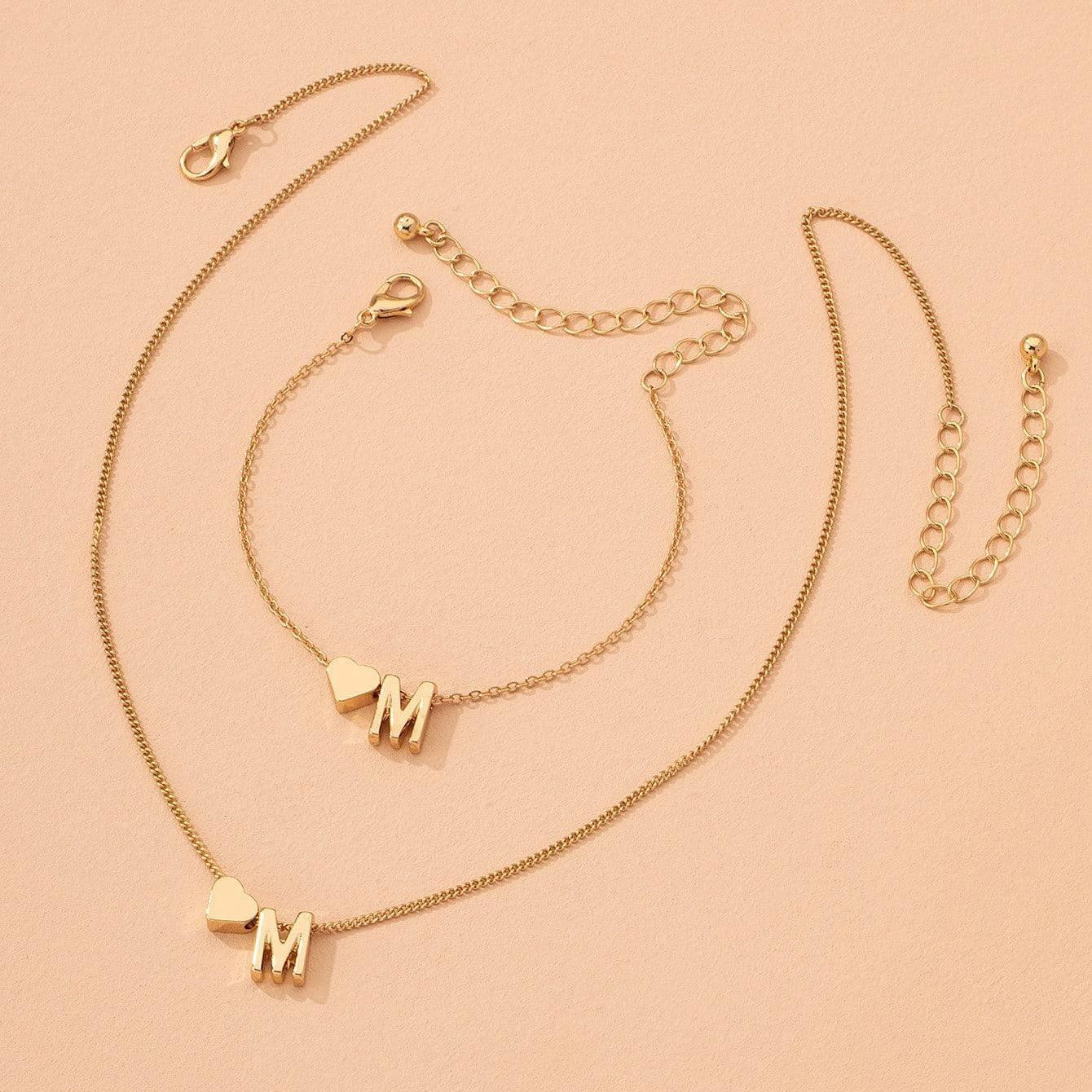 Women's English Letter Retro Fashion Metal Heart Jewelry Set