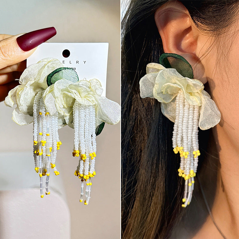 Bohemian Handmade Fabric Flower Long Fringe Earrings