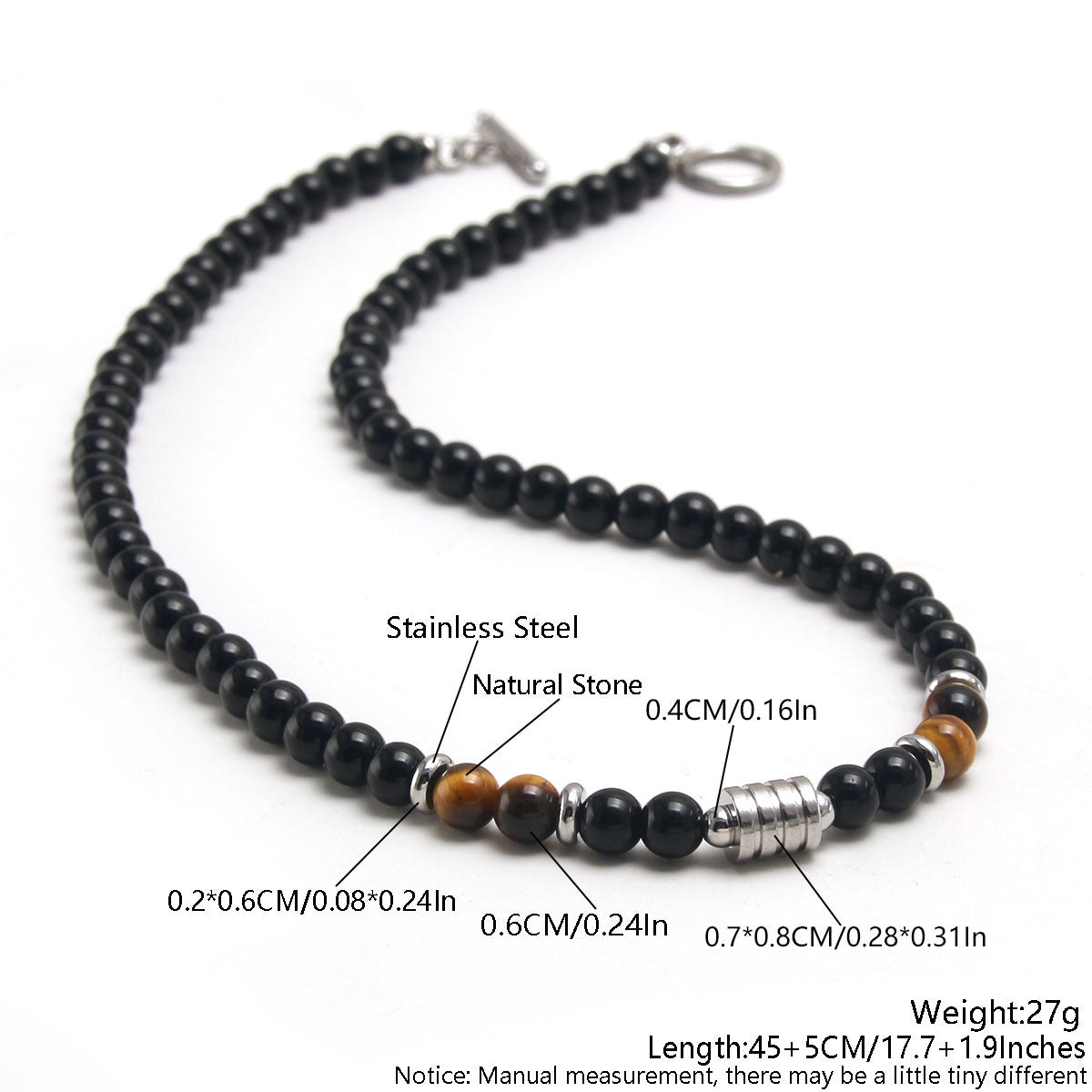 Steel Natural Tigereye Map Stone Obsidian Beaded Necklace