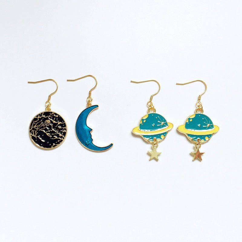 Women's Cartoon Metal Dripping Planet Moon Blue Starry Sky Earrings
