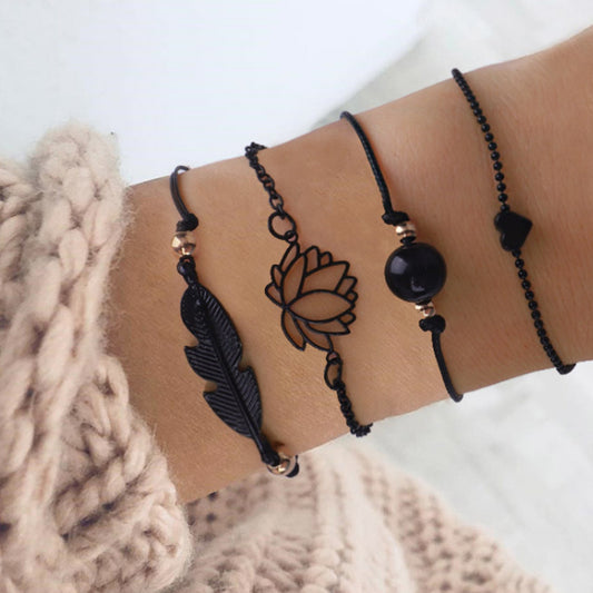 Black Chain Vintage Leaves Lotus Love Bracelets