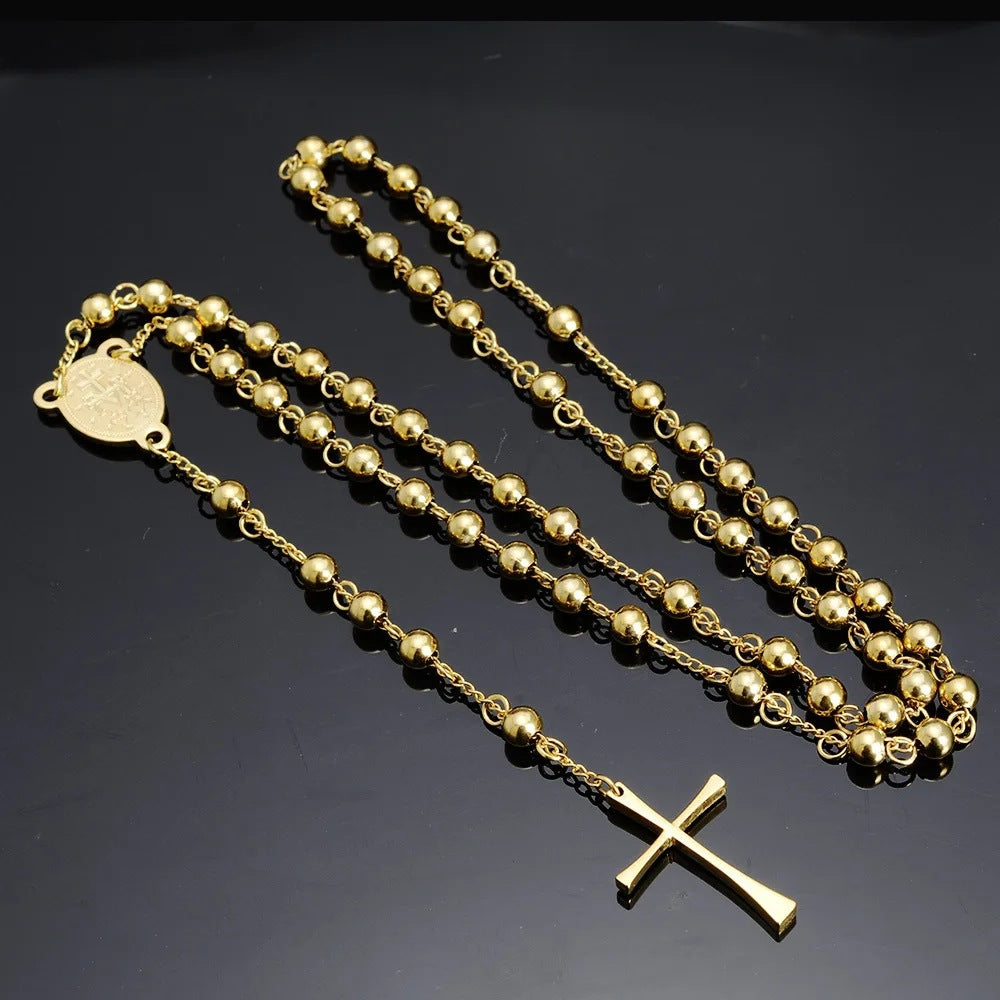 Women's & Men's Gold-plated Round Cross Portrait Stainless Steel Trendy Rosary Necklaces