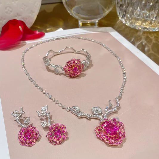 Women's Luxury Elegance Home Red Corundum Full Diamond Rose Colored Gems Jewelry Set