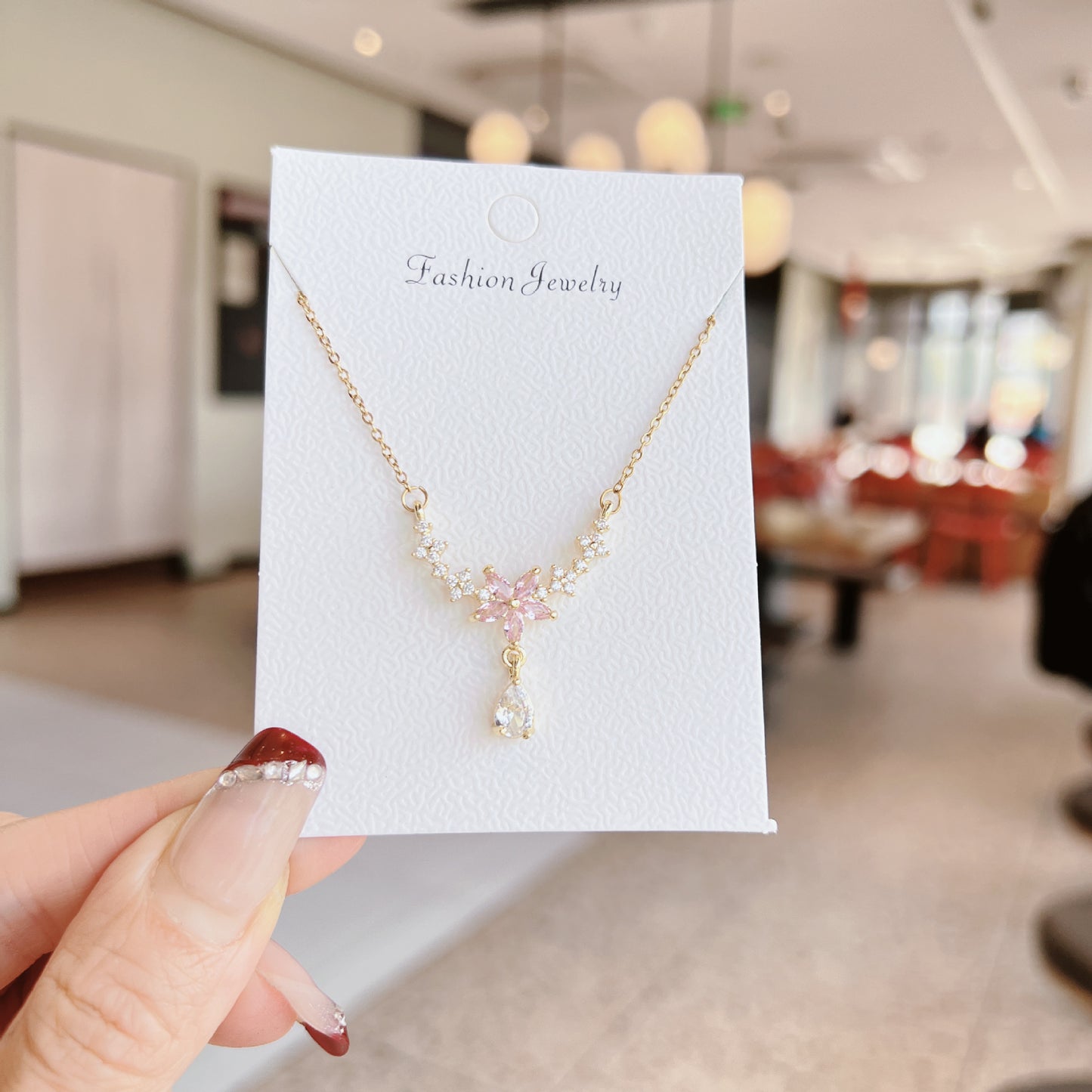 Luxury Sweet Super Pink Flowers Water Drop Female Fully Jeweled Necklace