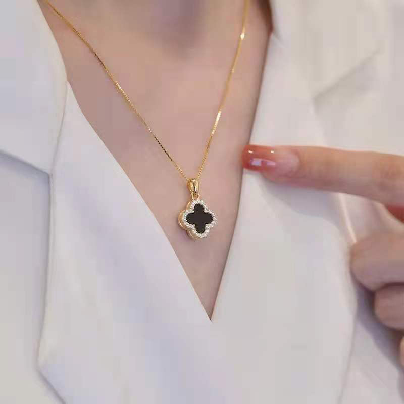 Women's Black White Double-sided Clover Fashionable Advanced Design Necklace