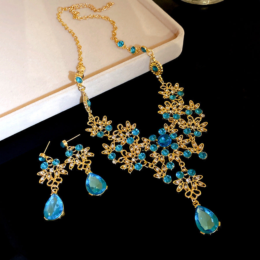 Flower Female Emerald Vintage Clavicle Chain Earrings
