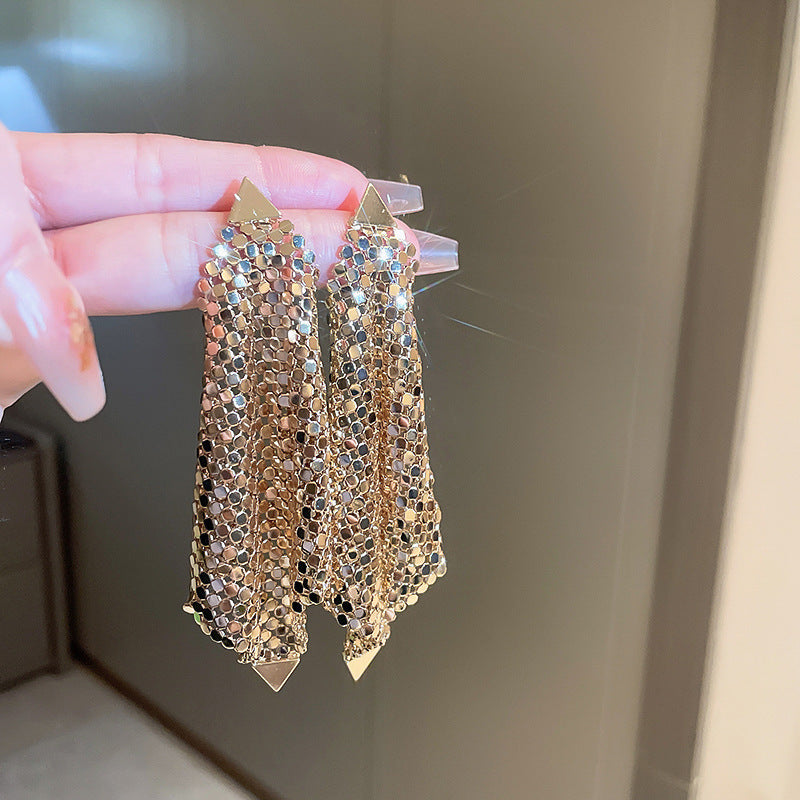 Sier Needle Matte Ear Hook Diamond Design Tassel Light Luxury Earrings