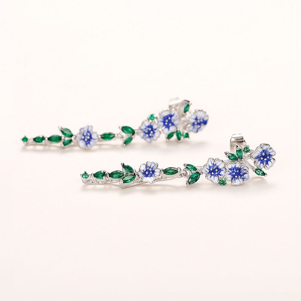 Long Female Temperament Summer Glaze Flowers Zircon Earrings