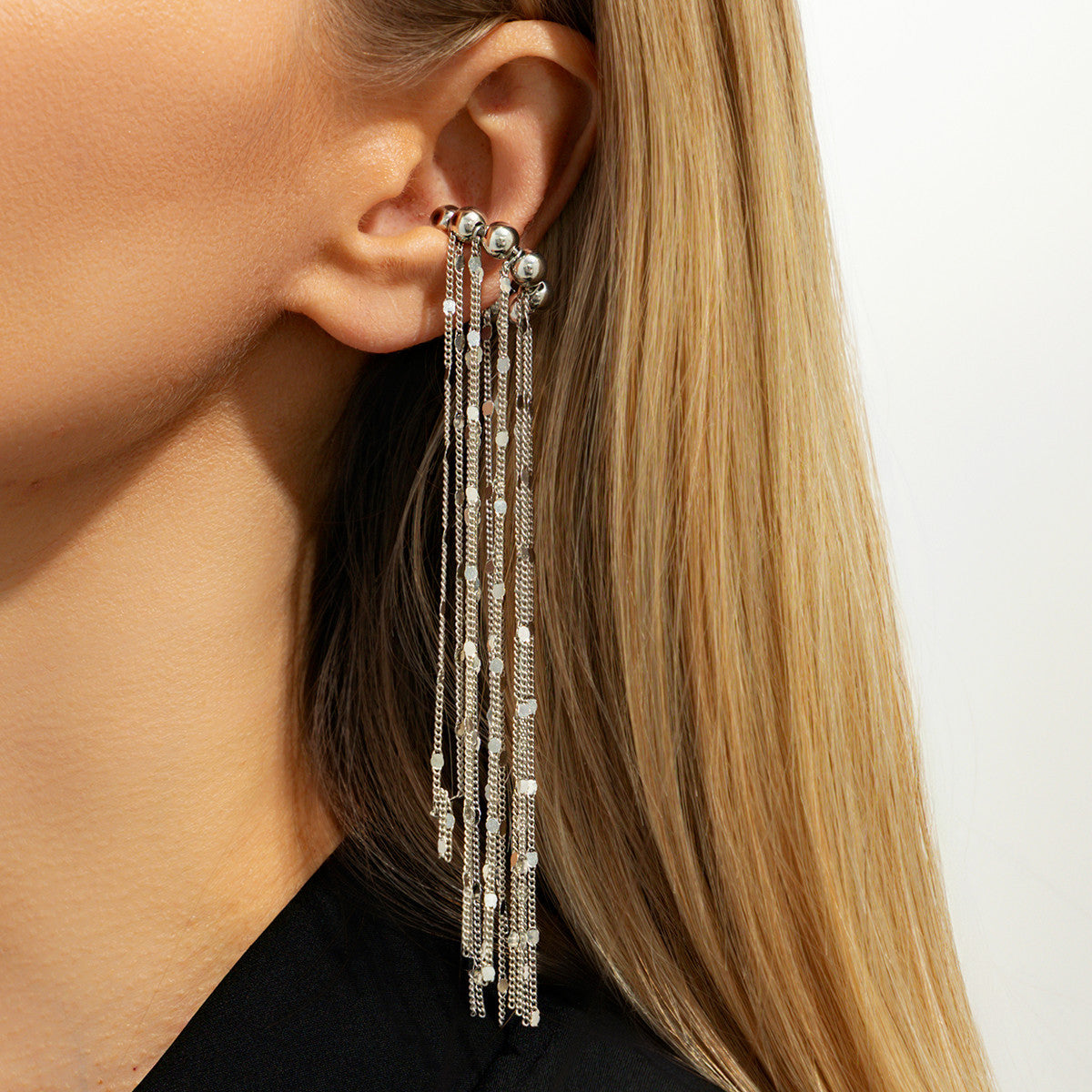 Women's Simple Long Chain Tassel Beaded Shaped Ear Clip