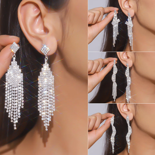 Style Temperament And Rhinestone Tassel Nightclub Earrings