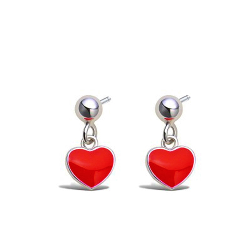 Women's Red Drop Oil Heart-shaped For Round Beads Earrings