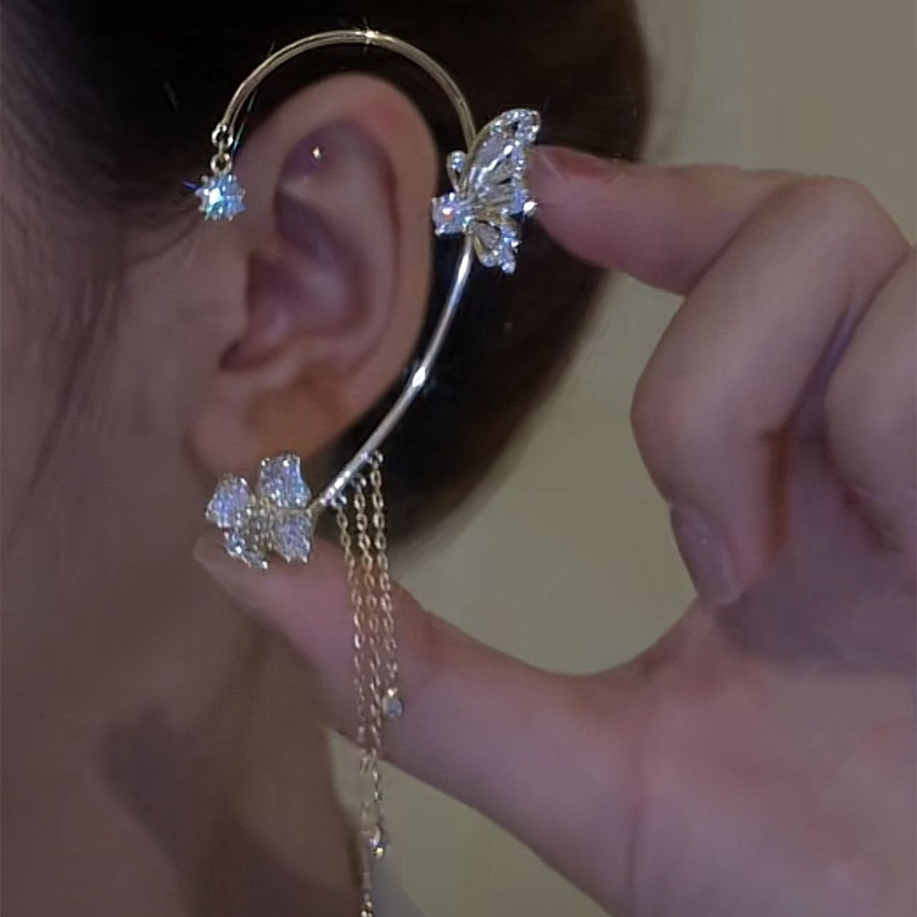 Light Luxury Full Zirconium Butterfly Flower Tassel Small High Ear Clip