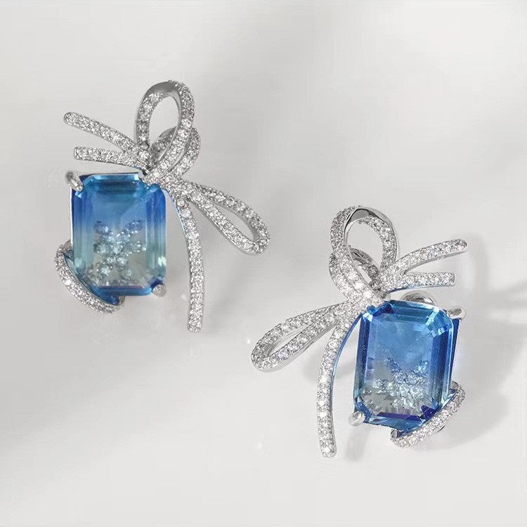 Lux Ocean Blue Crystal Elegant Bow Niche Earrings