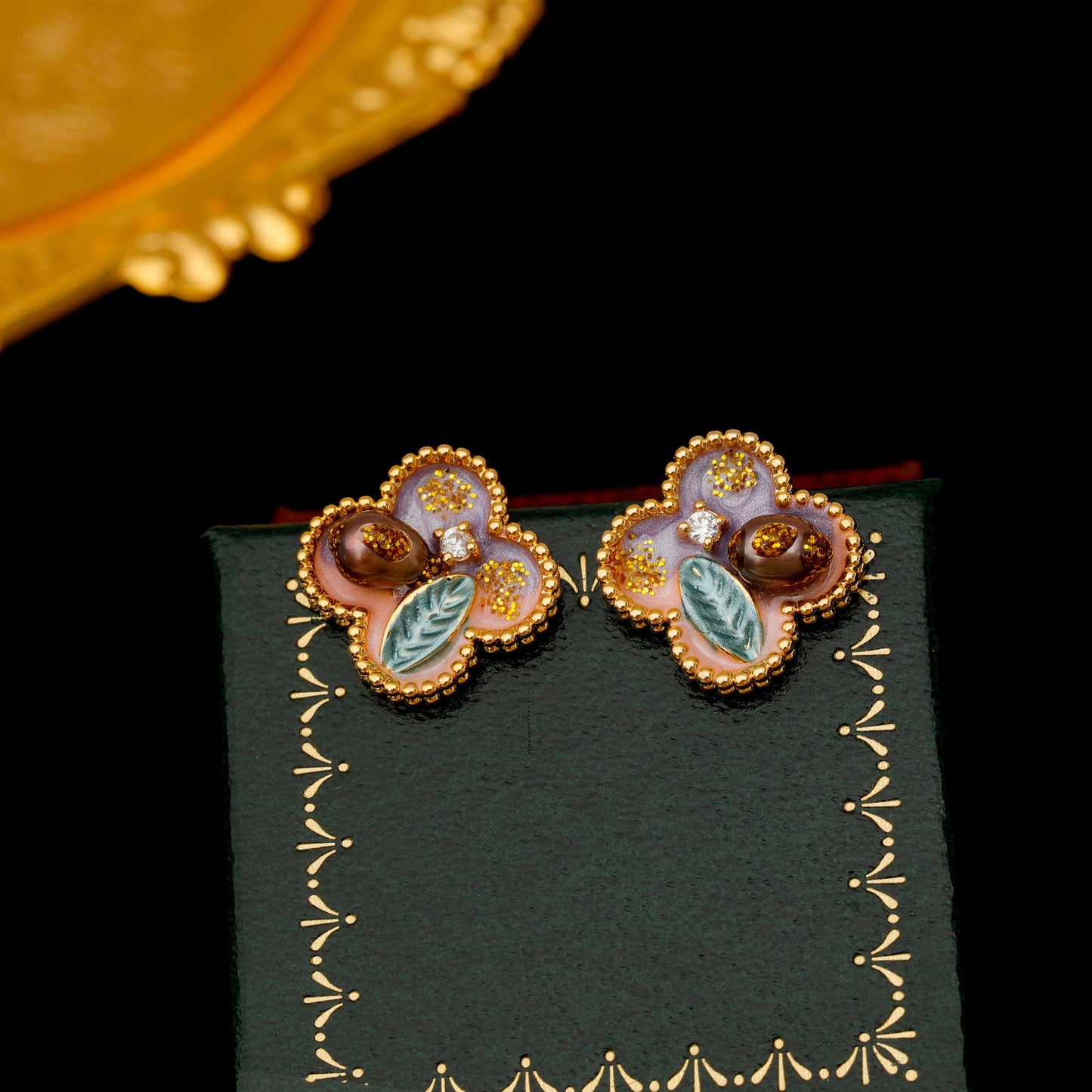 Women's Trendy Style Enamel Four Leaf Clover Ear Freshwater Rings
